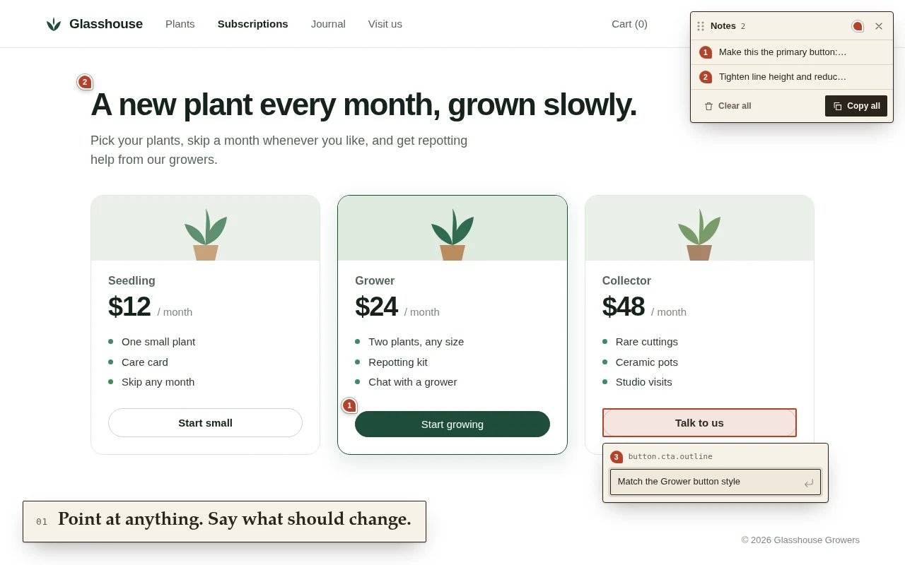 Two numbered pins on a plant shop page and the note editor open under a third button