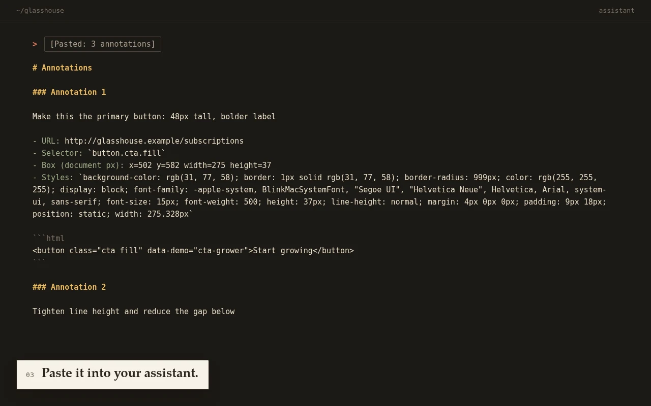 Three annotations pasted as markdown into a terminal assistant